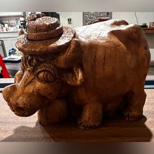 VTG Carved Wooden Cow In A Hat Figure Sculpture Kitschy Collectible